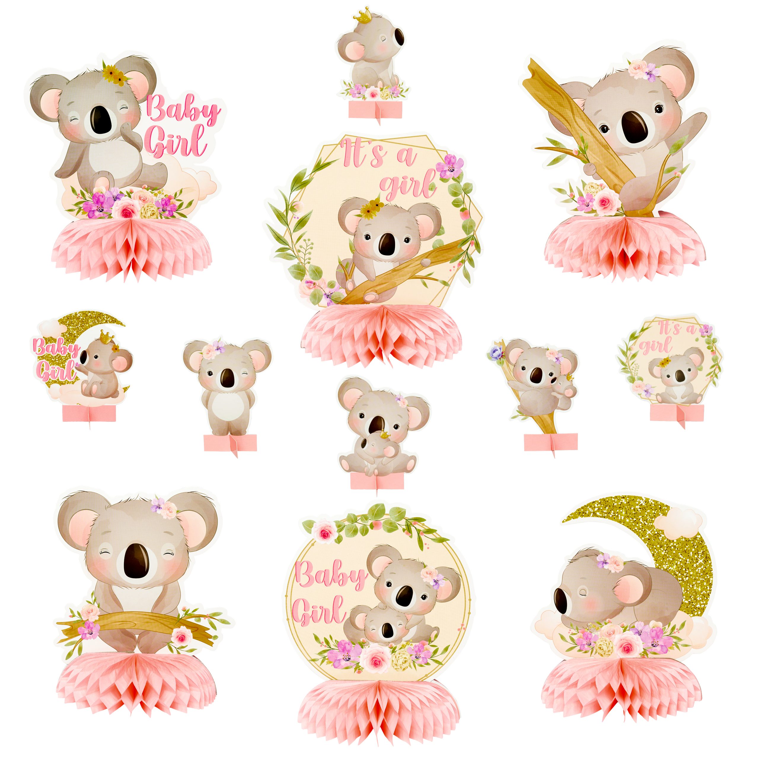 ArowlWesh 12Pcs Girls Baby Shower Party Koala Honeycomb Table Centerpieces  Wild Animal Koala Bear Themed It's A Girl Gender Reveal Party Decoration