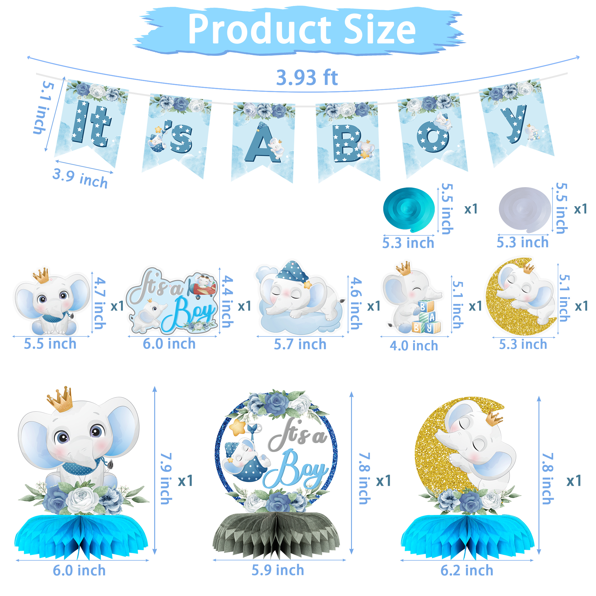ArowlWesh 22Pcs It’s A Boy Baby Shower Party Banner Blue Floral Elephant Honeycomb Centerpieces Blue Elephant Hanging Swirls Gender Reveal Welcome Baby Party Decorations Table Toppers for Baby Boy